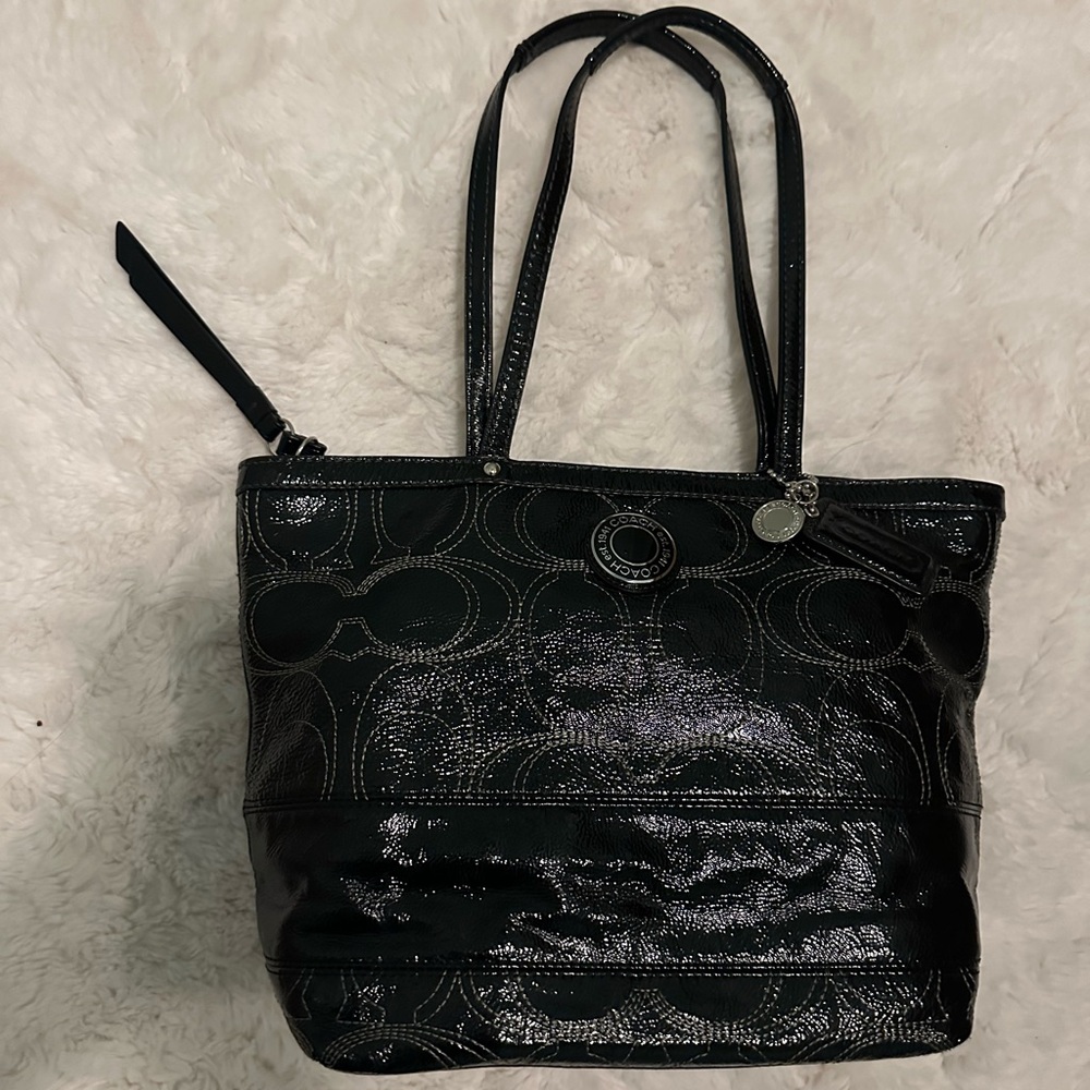 COACH Large Signature Patent Leather Shoulder Handbag